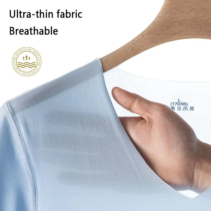 Men's Women's Sports Ice Silk Seamless Short Sleeves Gym Running Fitness Cycling T-Shirt Breathable Fit Solid Color V-neck