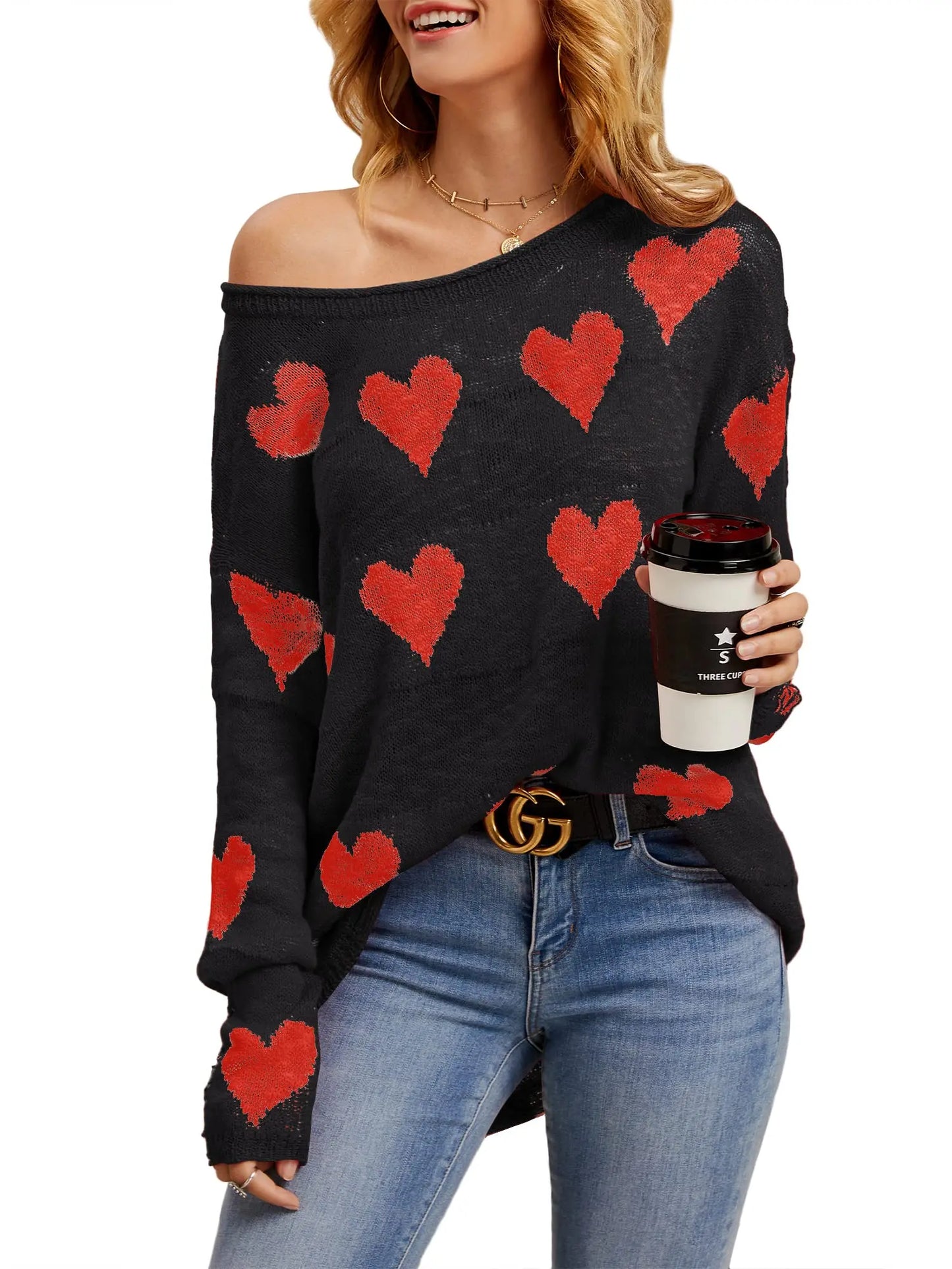 Women's  Heart Print Knitted Sweaters Soft Oversized Off The Shoulder Loose Knitted Valentine Pullover