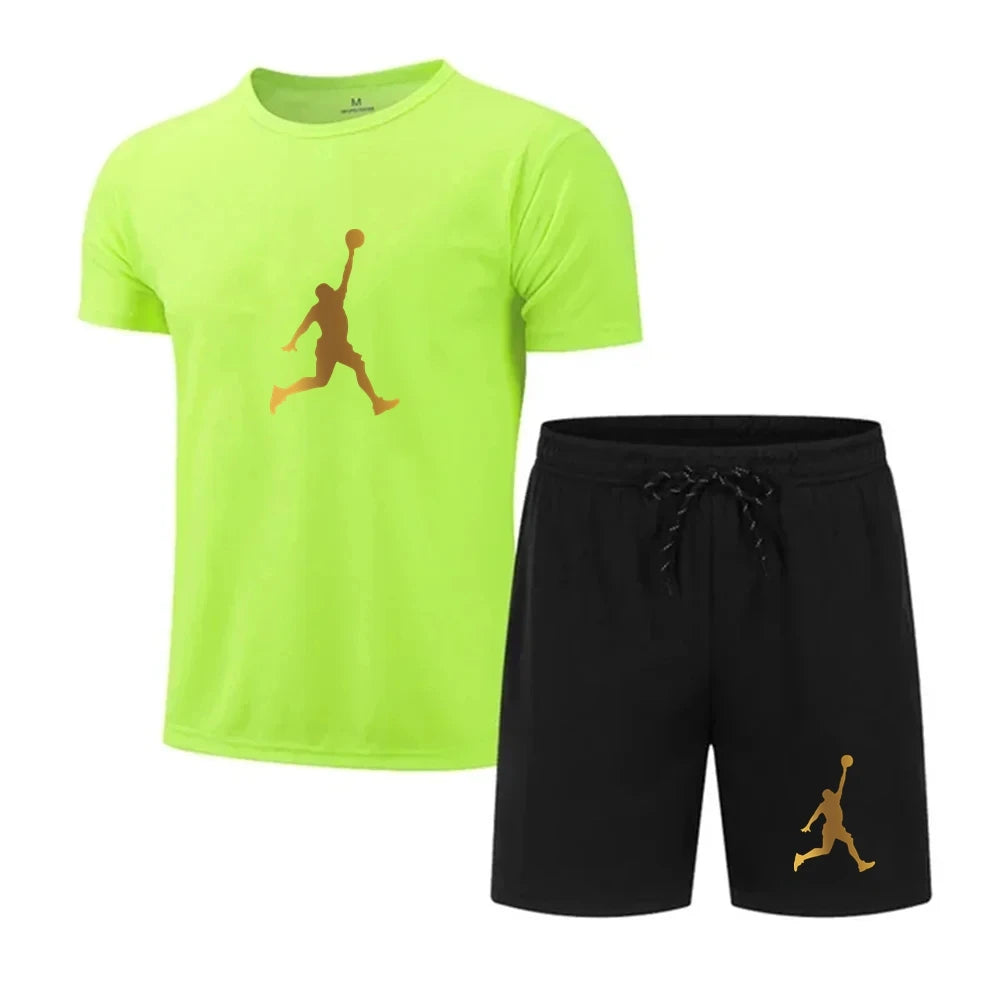 Men's casual fashion Summer mesh suit Men's quick drying Breathable sports suit Short sleeve T-shirt suit men's jogging suit
