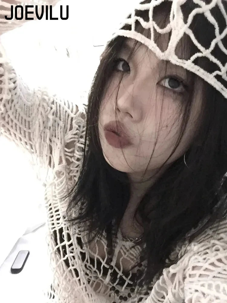 Hollow Knit Hooded  Goth Spider Web Sweater