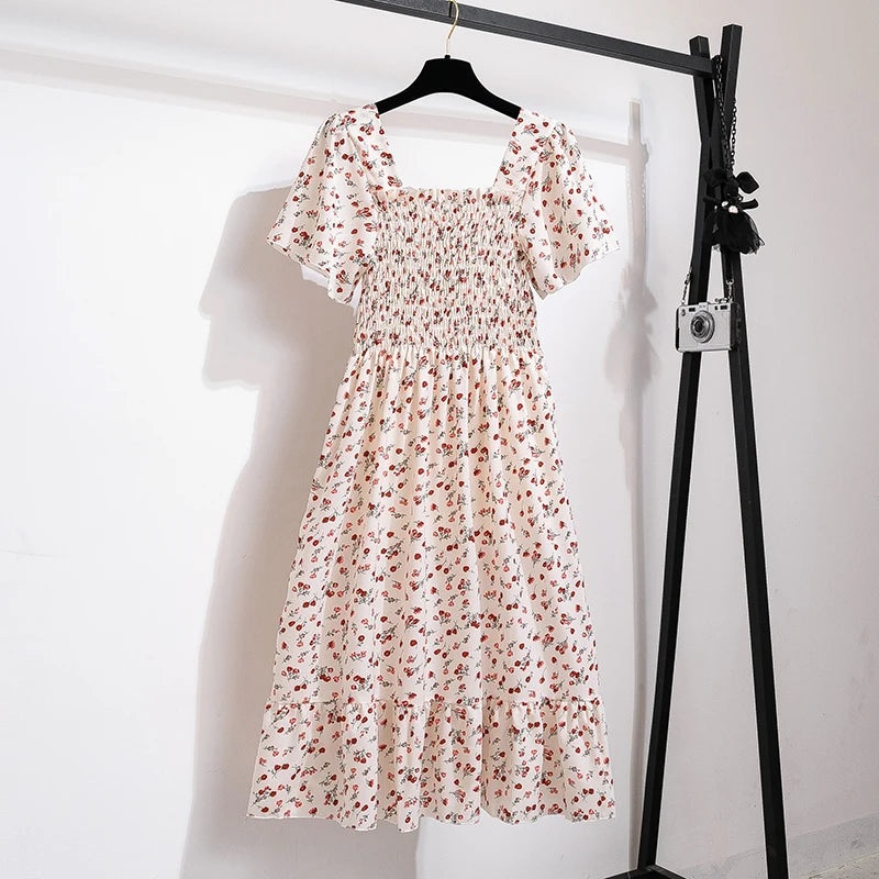 Spring Summer Chiffon Dress Women Midi Dresses Female Short Sleeve Elastic Waist Printed Floral Pleated  Casual Dress