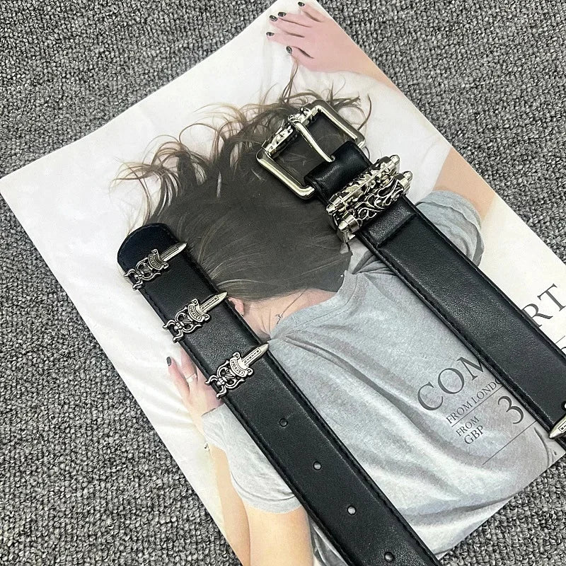 American Style Cropped 3.2 Wide Leather Belt With Wheel Hollow Out Vine Carving Engraved Women's Belt Celebrity Style
