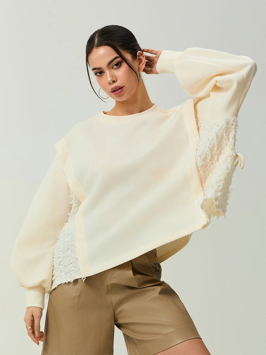 Women s Distressed  Oversized Pullover Sweater with Ribbed Crew Neck and Long Sleeves