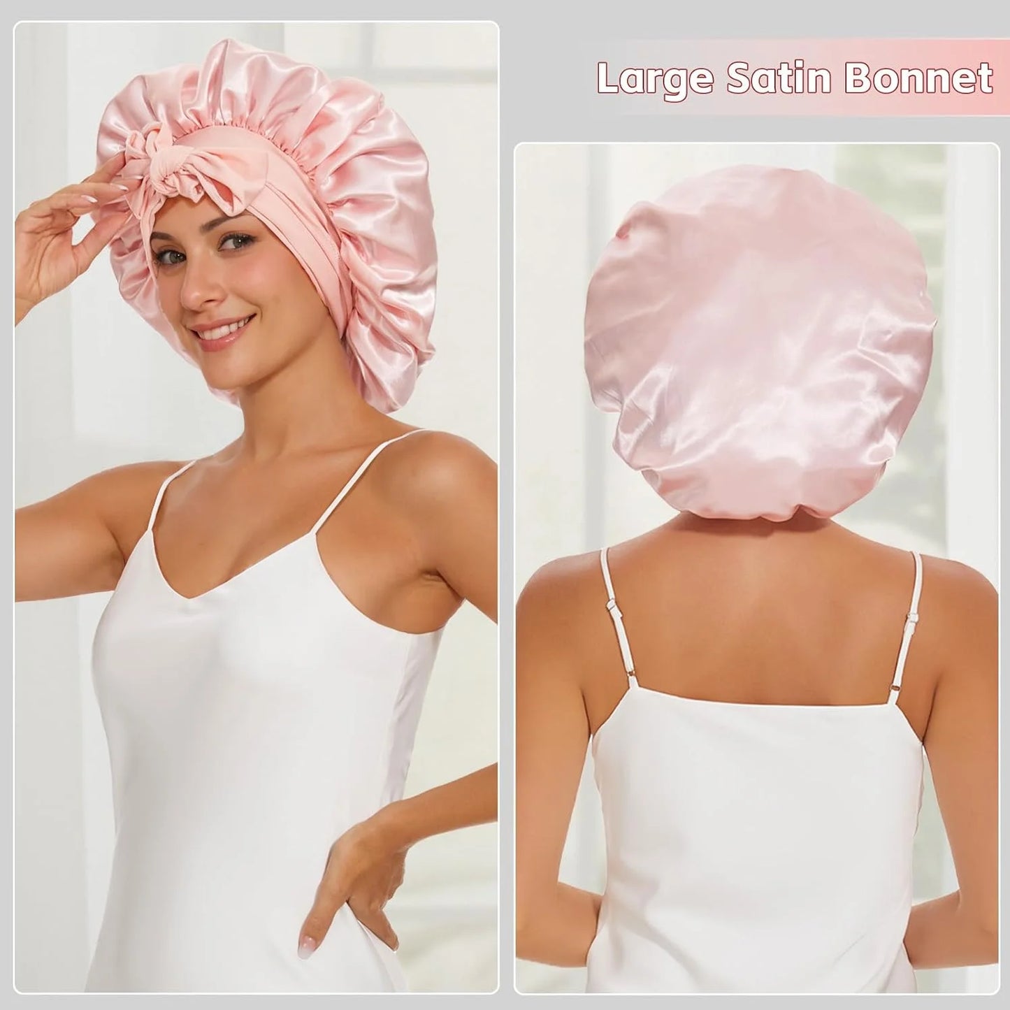 2PCS Satin Bonnets With Tie Band (Pink+Black), Sleeping Cap For Women, Soft Hair Care Night Sleep Hats