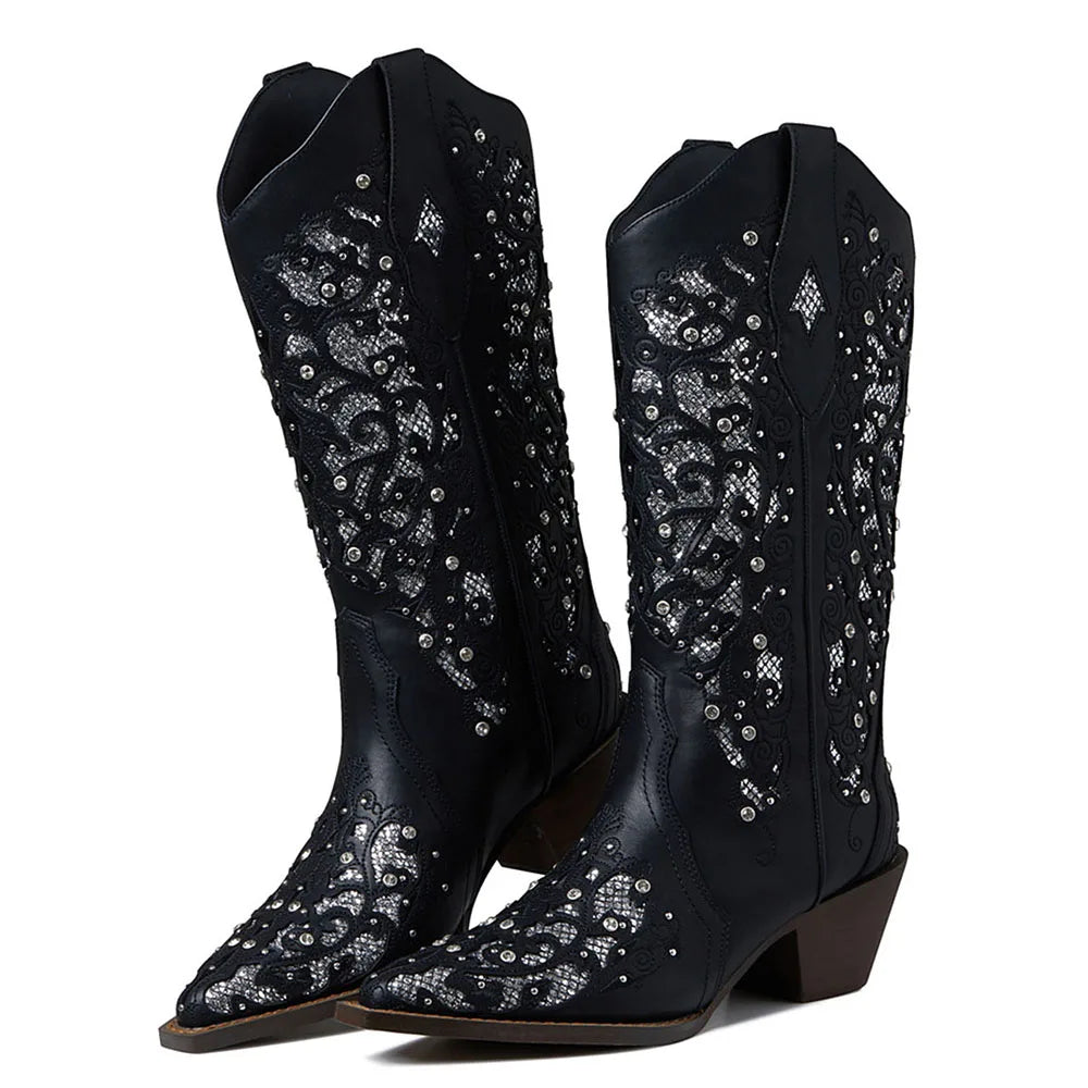 Rhinestone Western Mid-Calf Boots For Woman Block Mid Heel Pull-On Pointed Toe Hollow Out Retro Cowboy Boots