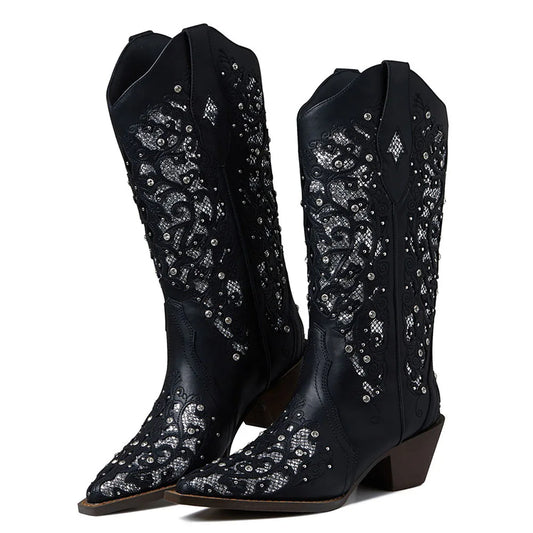 Rhinestone Western Mid-Calf Boots For Woman Block Mid Heel Pull-On Pointed Toe Hollow Out Retro Cowboy Boots