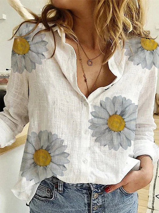 Elegant Cotton Linen Shirts Women Casual Solid Button Lapel Blouses Shirts  Long Sleeve Loose Tops