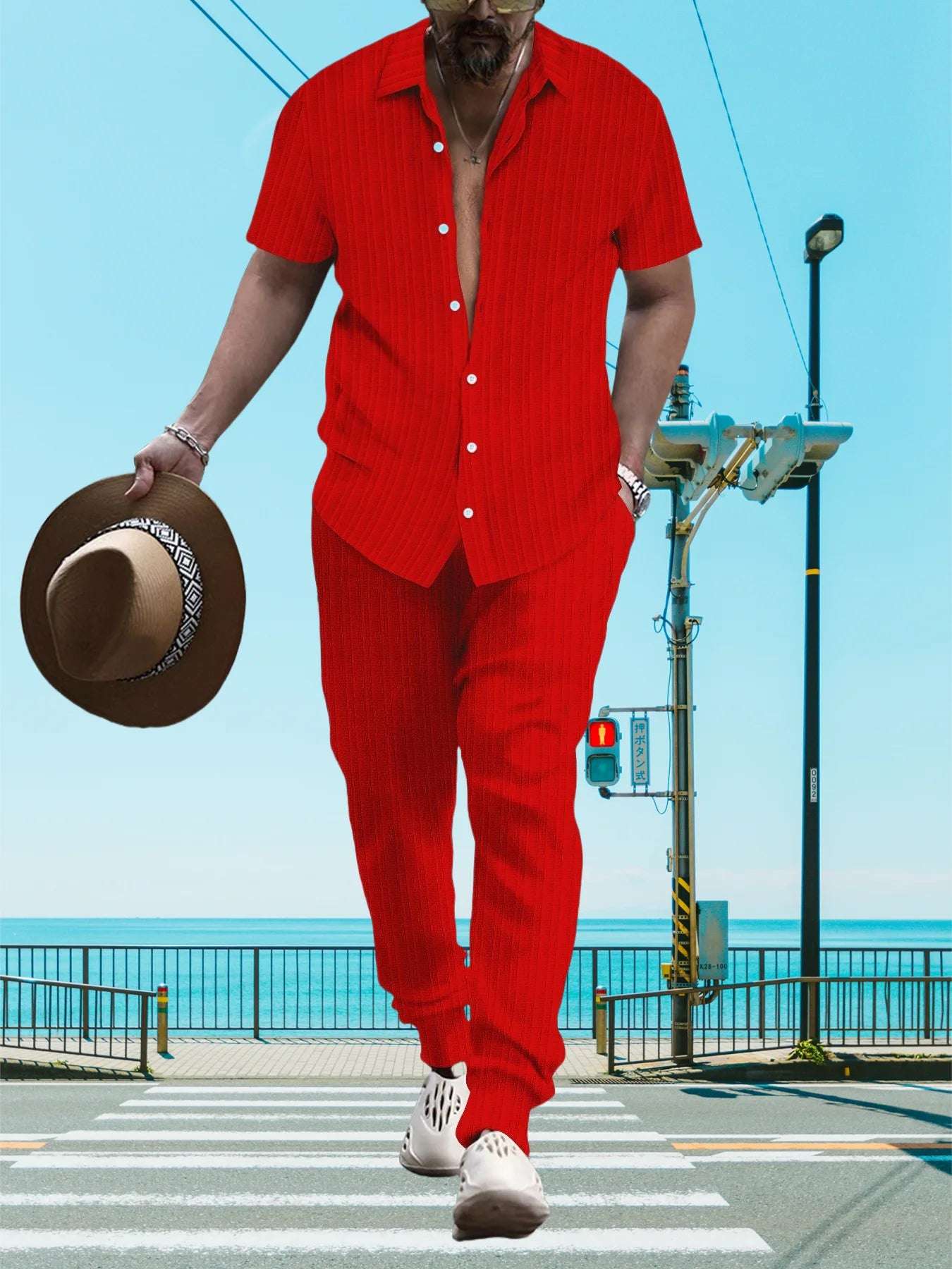Ultra-thin Ultra-light Summer Men's Shirt Casual Loose Short Sleeve + Trousers Beach Suit Surf Casual Solid Color Lapel Suit
