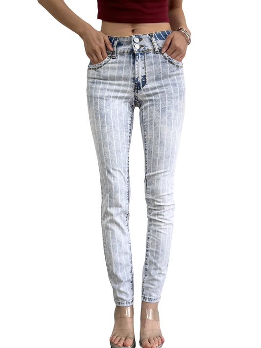 Women's stretch tight jeans, yarn-dyed striped fabric, rear hip lift design, suitable for all seasons