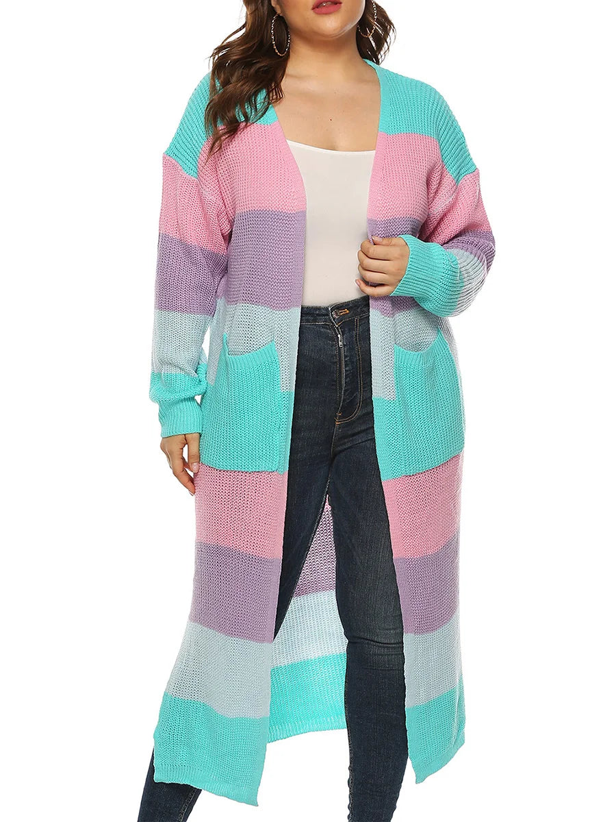 Women s Open Front Long Cardigan Sweater with Pockets Long Sleeve Contrast Color