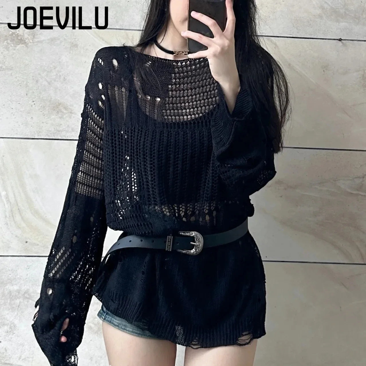 Hollow Knit  Loose Fitting Long Sleeve  Vintage Gothic Blouses