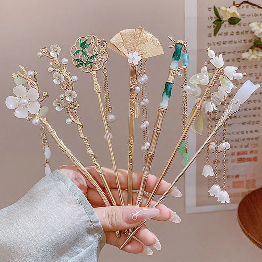 Elegant Chinese Style Hair Accessory Romantic Enameled Flower Tassel Hair Pin Alloy Jewelry Hairpin For Women Fashion Hairpin