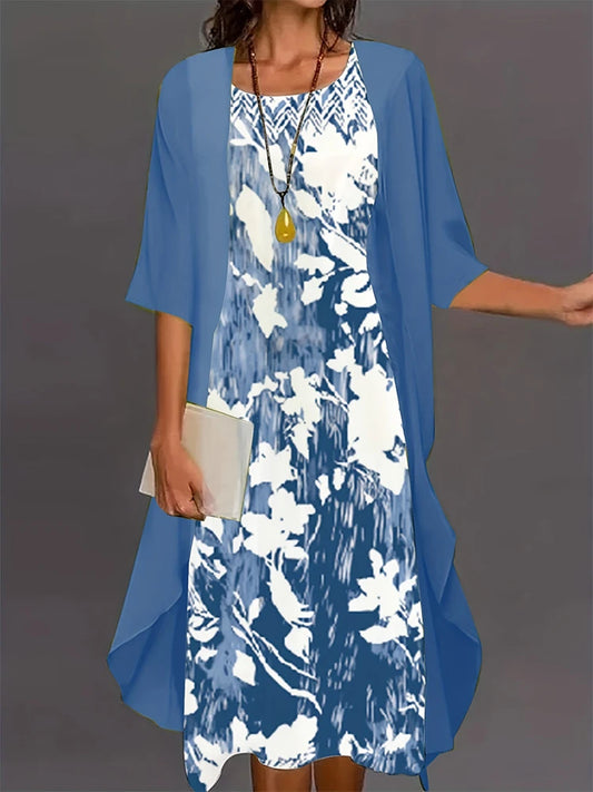Plus Size Women's Floral Printed Long Dress Printed Pattern Two-piece Dress Round Neck  Elegant Dress