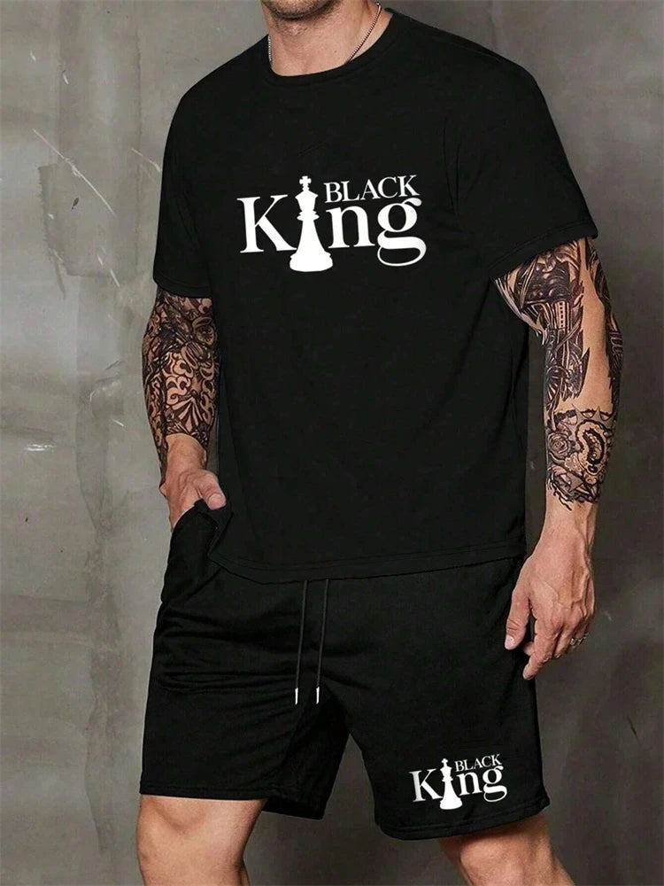 Men's Short Sleeve Shorts Set Fashion King Printed T-Shirt Shorts Sets of Casual Round Neck Breathable Sportswear