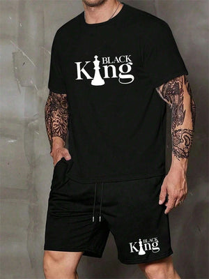 Men's Short Sleeve Shorts Set Fashion King Printed T-Shirt Shorts Sets of Casual Round Neck Breathable Sportswear