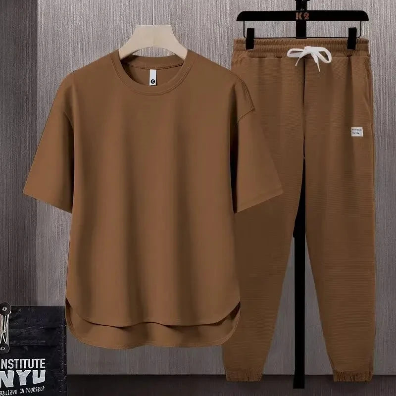 Summer Trend Loose Solid Color Breathable Men's Cotton Casual Short-sleeved Drawstring Pants Two-piece T-shirt Set
