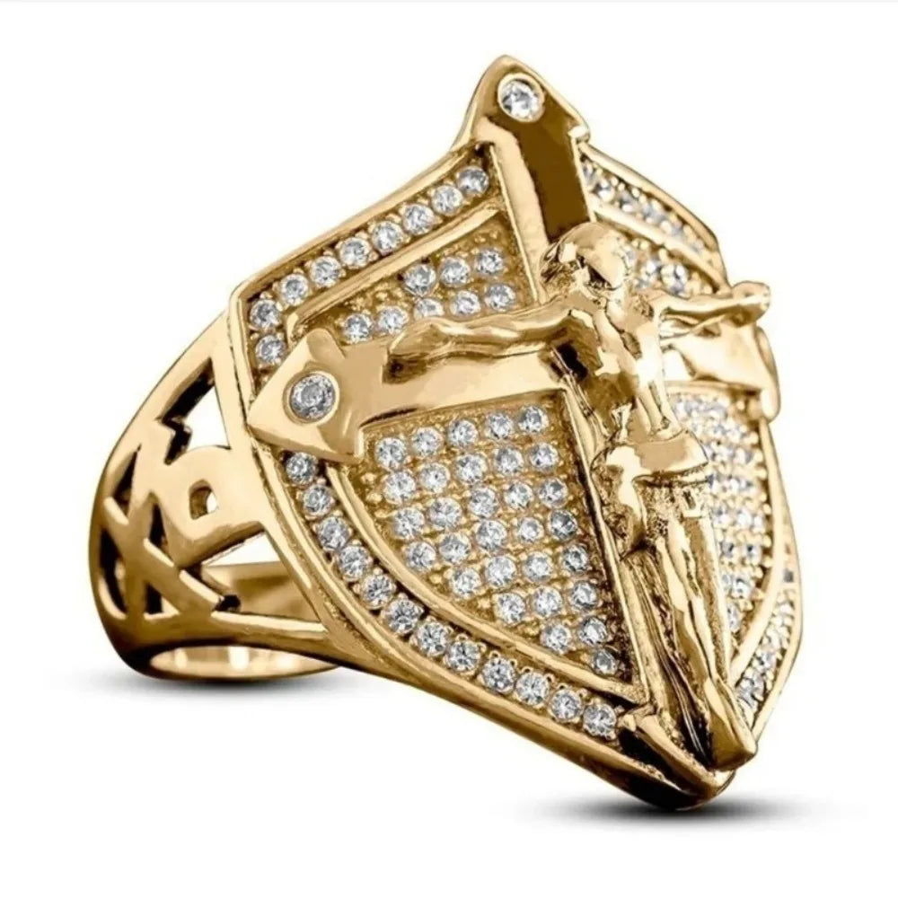 Punk Simple and Elegant Golden Jesus Cross Shield Men's Ring Zirconia Dazzling Motorcycle Men's Accessories