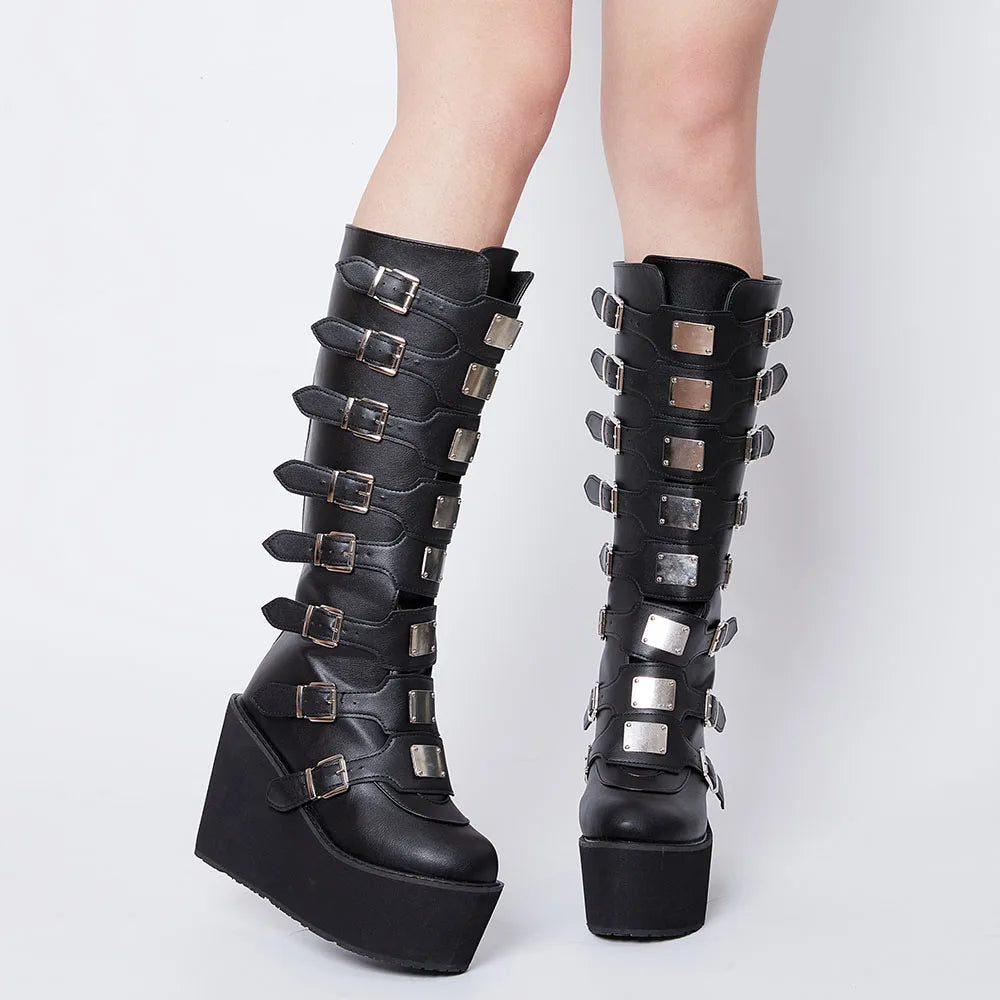 Punk Motorcycle Boots Platform High Wedges Heel Zipper Metal Buckle Mid-Calf Boots Goth