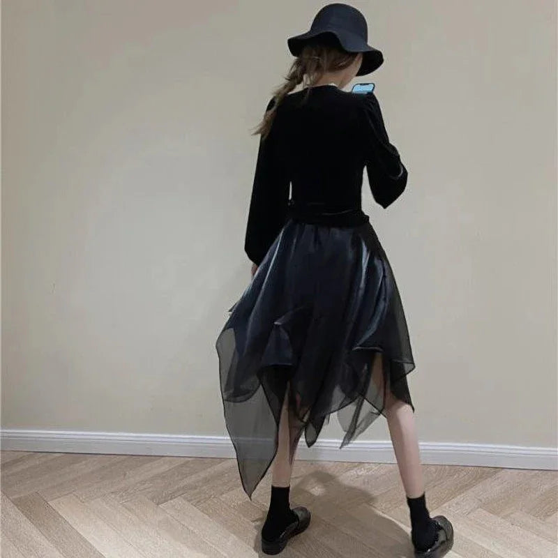 Gothic High Waist Asymmetrical Mesh A Line Midi Skirt