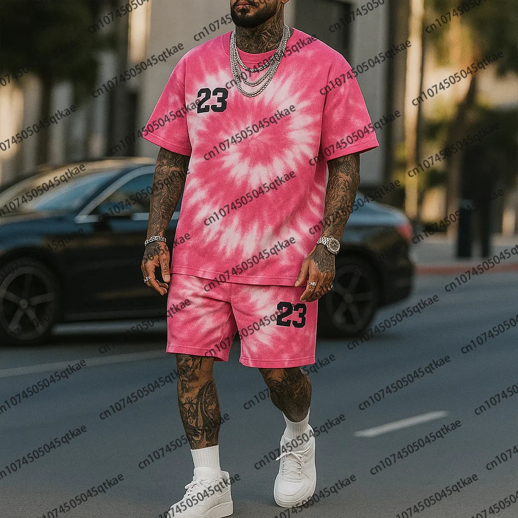 Fashion Tie Dye Basketball No.23 Print Oversized Streetwear Short-Sleeve T-shirt And Shorts Set Summer Breathable Casual 2 Piece