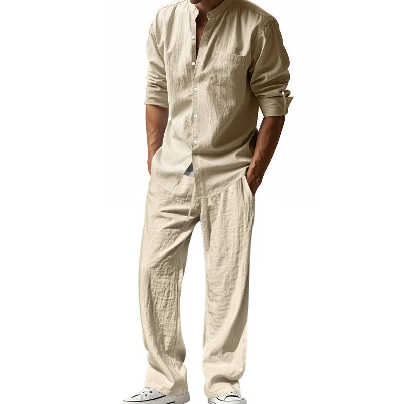 Spring and Summer Men's Suit Linen Casual Loose Breathable Long Sleeves Shirt Trousers 2 pc Set of Beach Vacation Essential