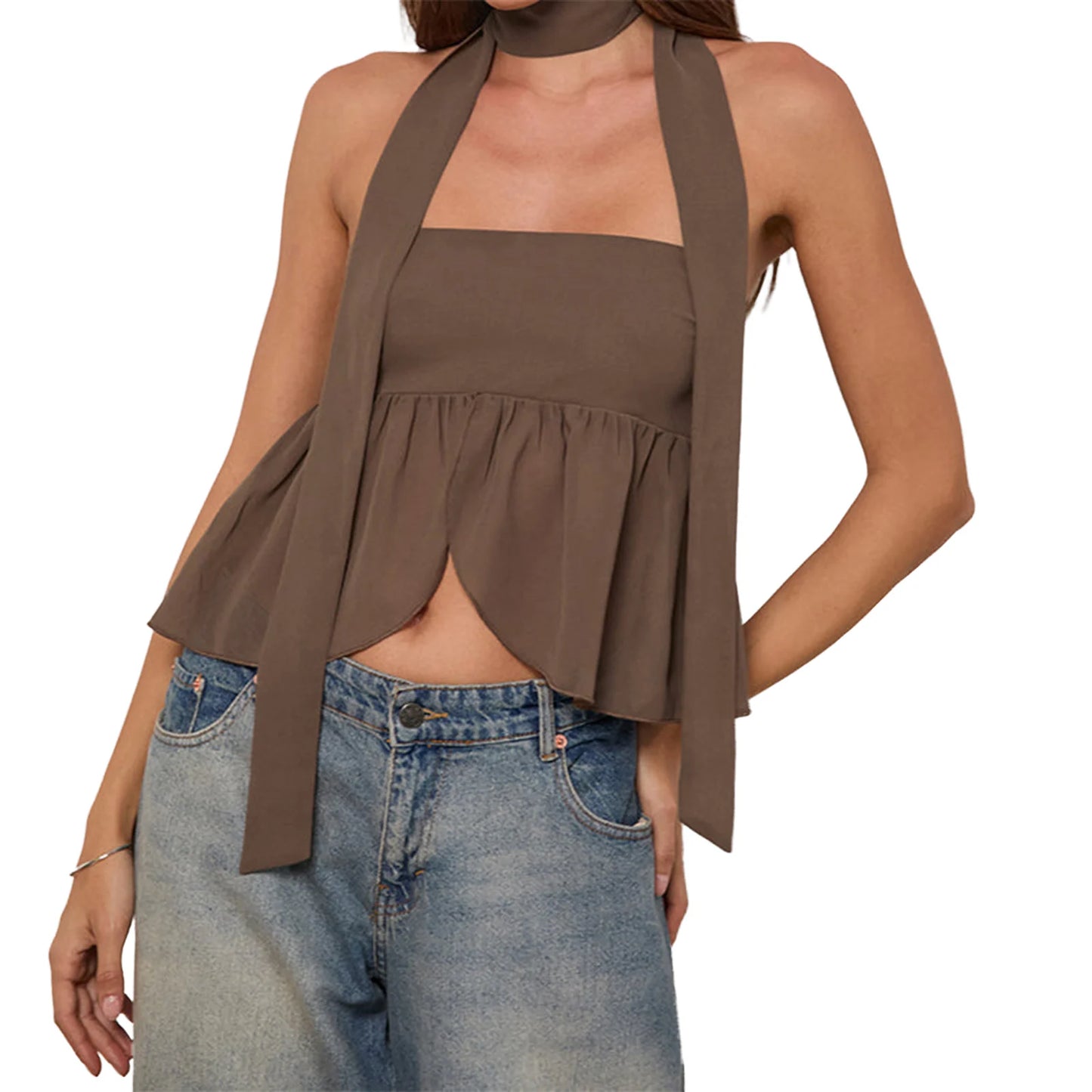 Women s Solid Color Off-Shoulder Tube Top with Ruffled Detail and Matching Scarf Set for Chic Summer Street Style Fashion
