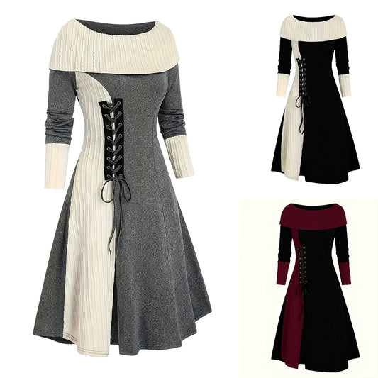Women's Sweater Dress Cable Knitted Crew Neck Lace Up Bodycon Long Dress High Waist Party Dress