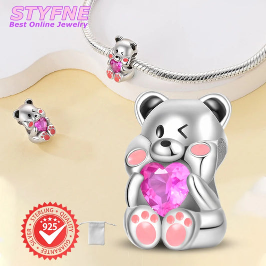 925 Sterling Silver Cartoon Cute Baby Bear Heart Shaped Beads Fit Pandora Original Bracelet
