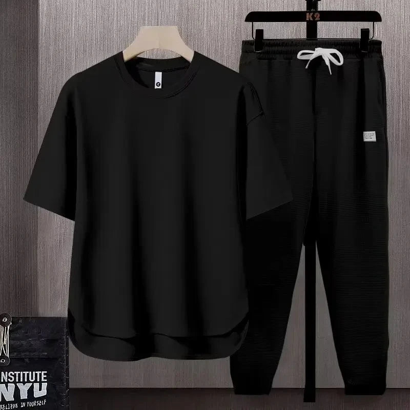 Summer Trend Loose Solid Color Breathable Men's Cotton Casual Short-sleeved Drawstring Pants Two-piece T-shirt Set