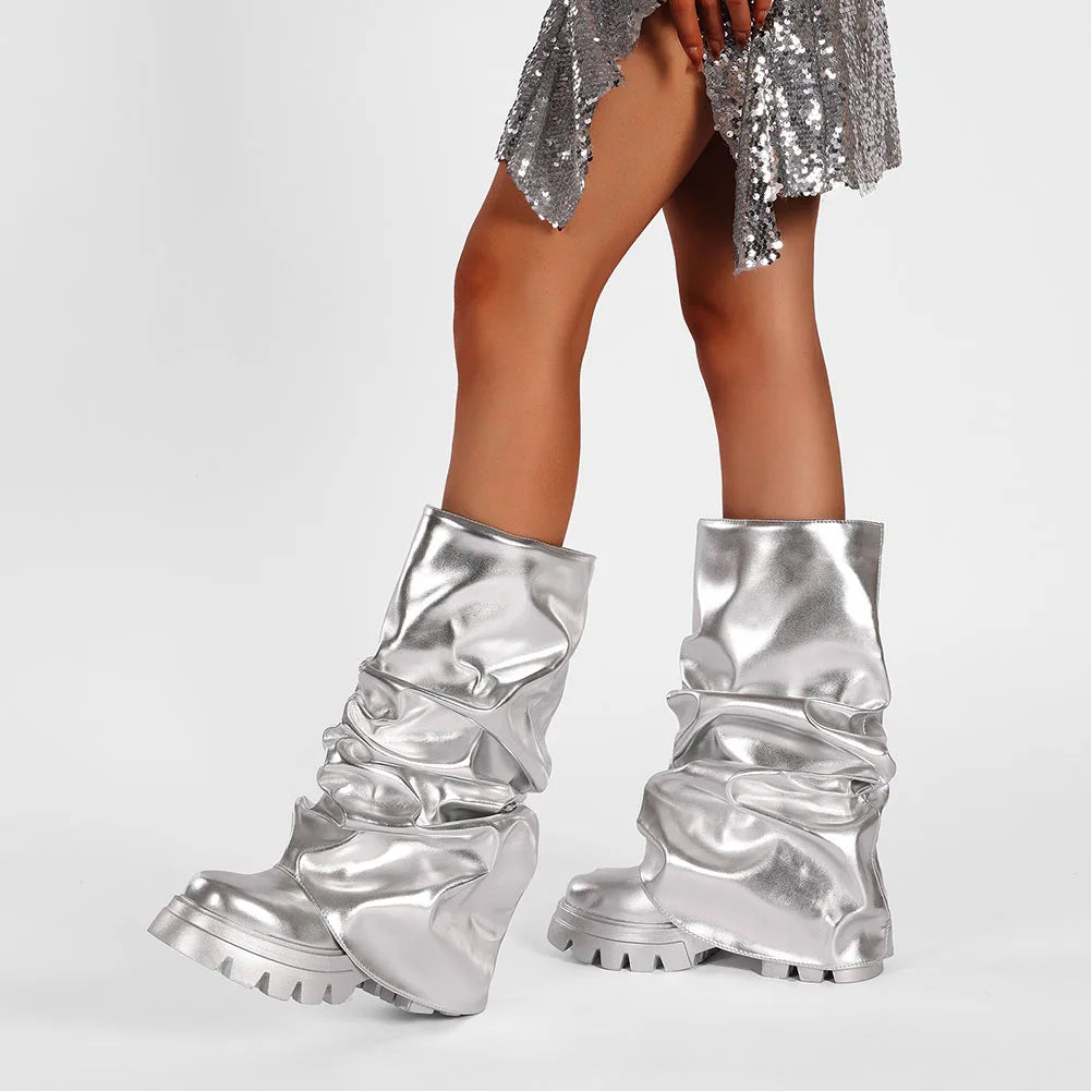 Fold Over Slouchy Shark Boots Fashion Pleated Chunky High Heels Round Toe Platform Pull On Knee High Boots