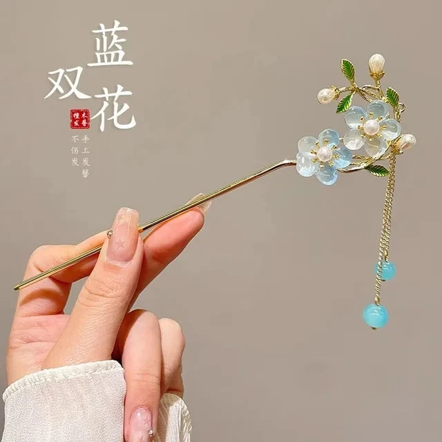 Classic Hair Stick Peach-blossom Hair Chopsticks Gold Plated Prong Updo Chignon Hairpin For Women Chinese Style