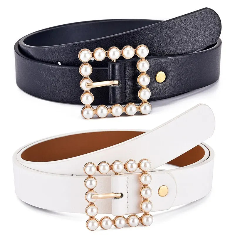 Women's Belt Fashion Pearl Buckle Belt Trend Versatile Jeans Belt PU Leather Belt Street Trend  Belt