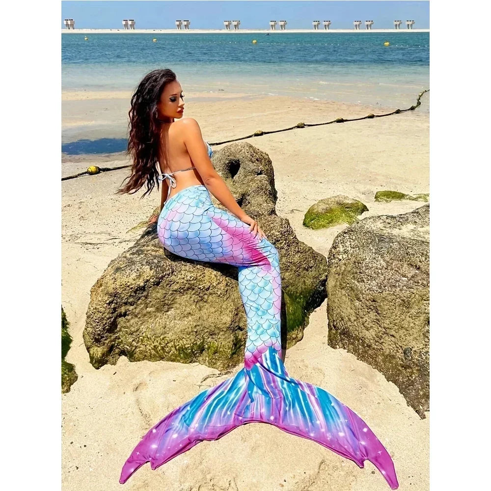 Mermaid Swimsuit 3-piece Beach Bikini Fishtail High Waist Bathing Suit Sexy Slim Triangle Suspender Backless Swimwear