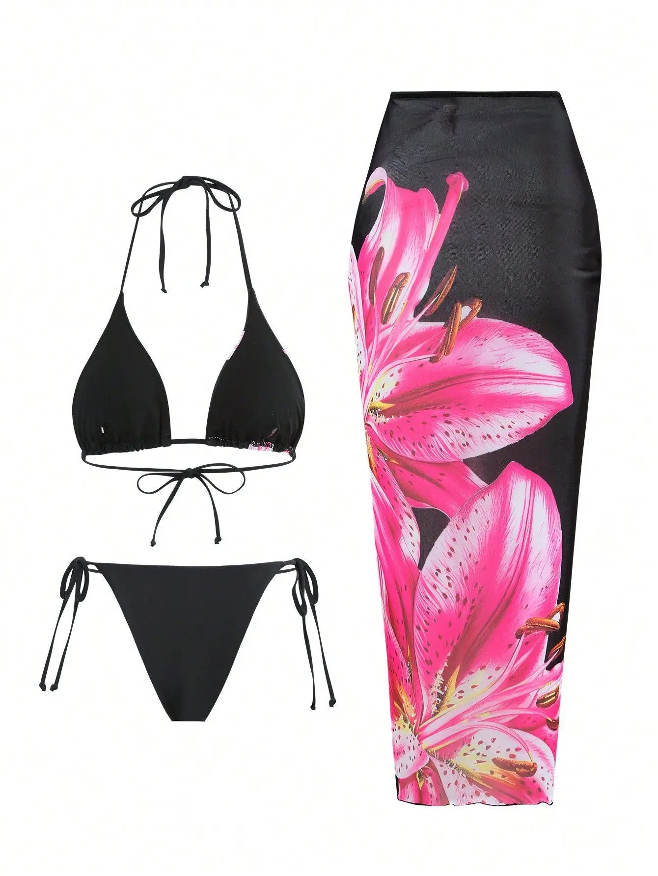 Flower Print Bikini Set Women's High Waist Long Skirt 3 Piece Swimsuit  Mini Triangle Backless Thong Bathing Suit