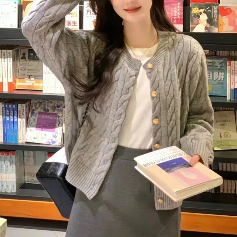 Vintage Long Sleeve Cardigan Women Sweater O-neck Elegant Knitted Top Fashion Autumn Grey Knitwear