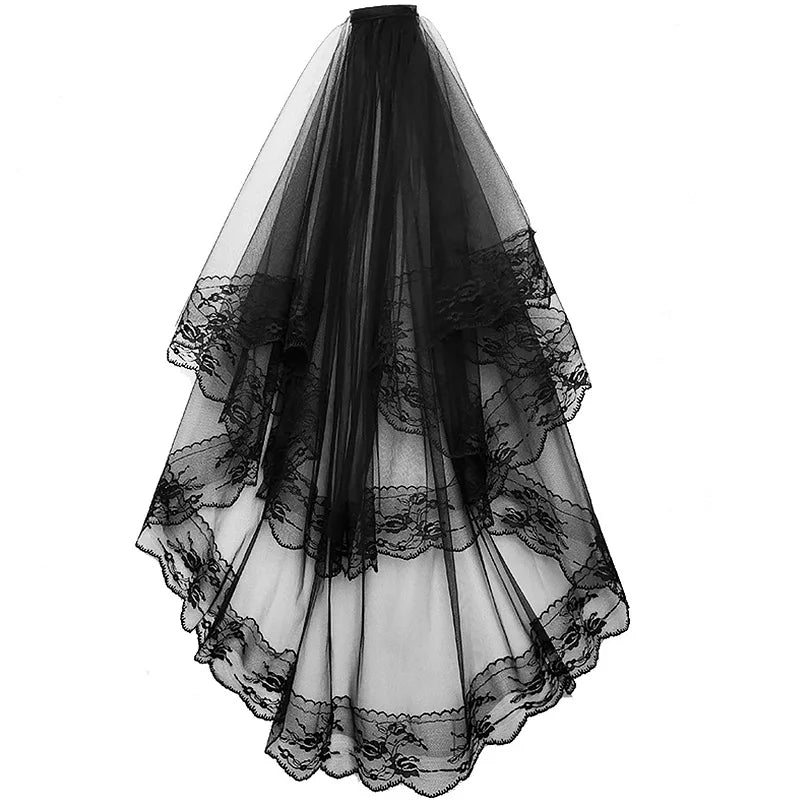 2 Tier Black/White Flower Lace Edge Bridal Veils with Comb Elegant Vintage Wedding Hair Accessories
