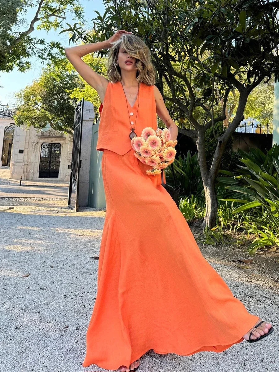 Women's Chic Vest Long Skirt 2-Piece Set Summer Sleeveless Top Fashionable Office Ladies Loose Dress Outfits