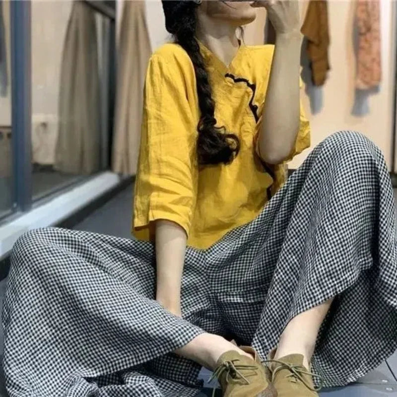 Elasticized High-waisted Pocket  Plaid  Loose Casual  Pants