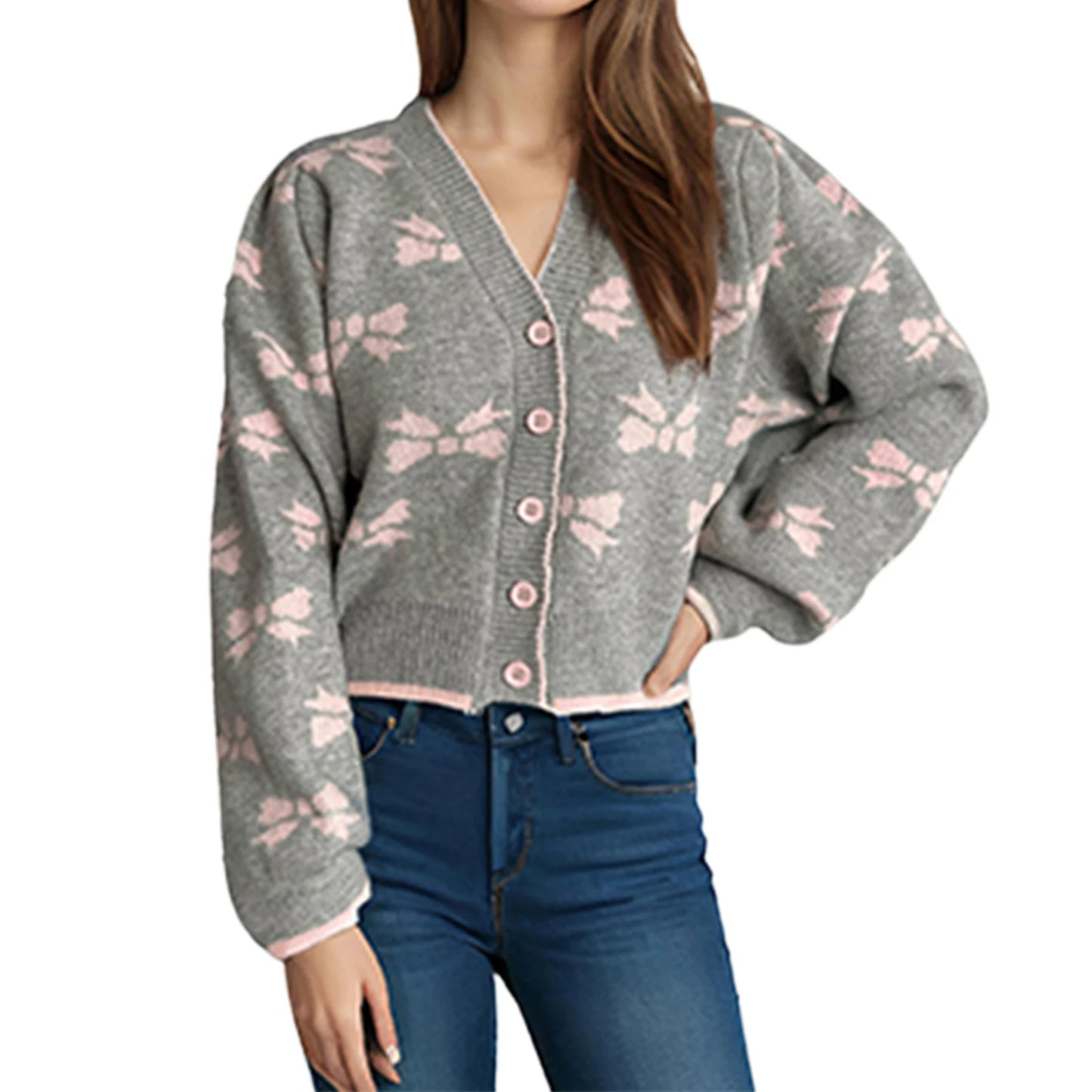 Women s V-Neck Button Up Cardigan with Long Puff Sleeves and Bow Print Detail - Cozy Knit Sweater