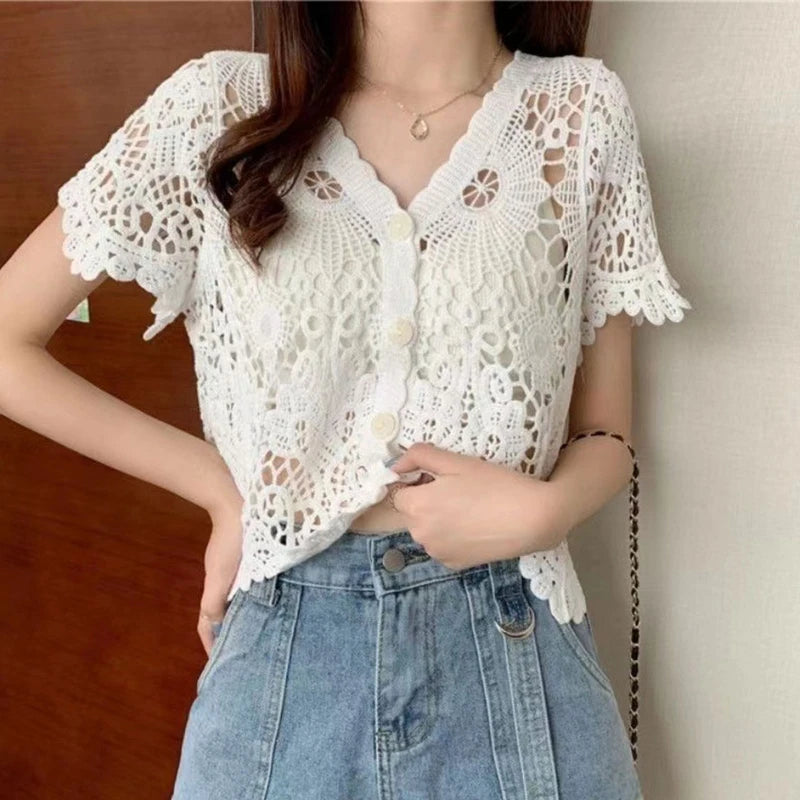Women French Style Short Sleeve Lace Hollow Out Crochet Knit   V-Neck Button Down Sheer Crop