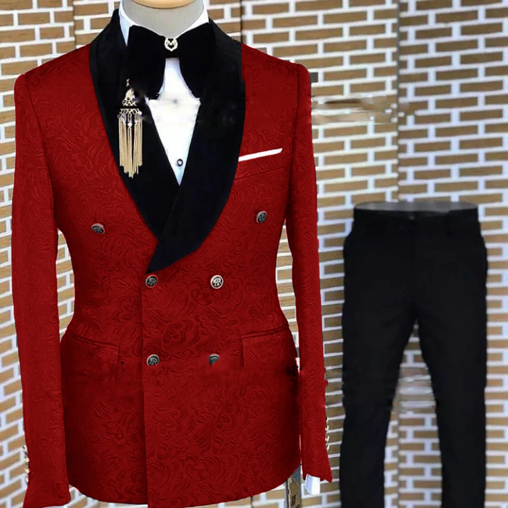 Gray Formal Suit for Men Floral Jacket Pants 2 Piece Set Tuxedo Elegant Men's Suit Handsome Blazer
