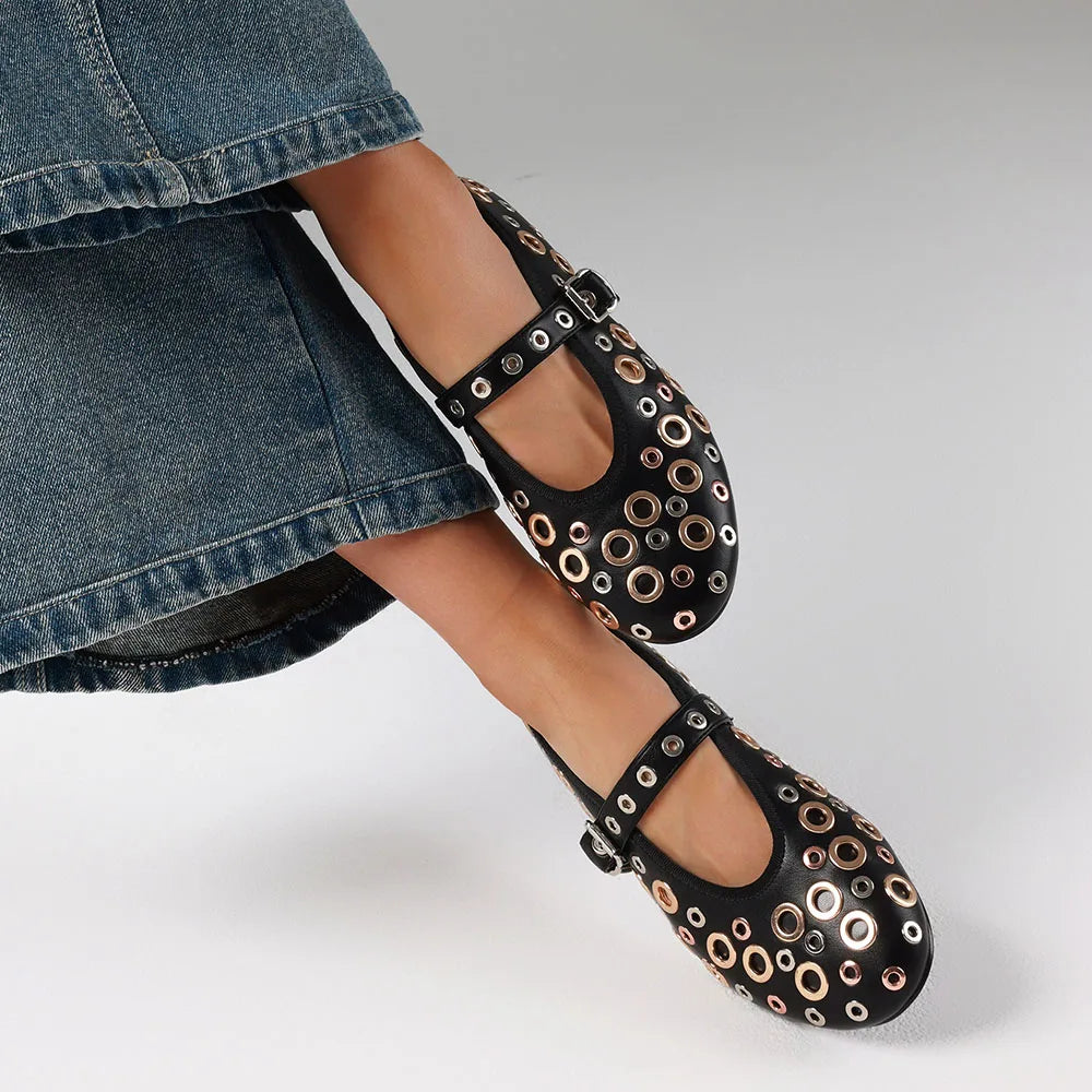 Ballet Flats with Buckle Strap Mesh Perforated Metal Studded Mary Jane