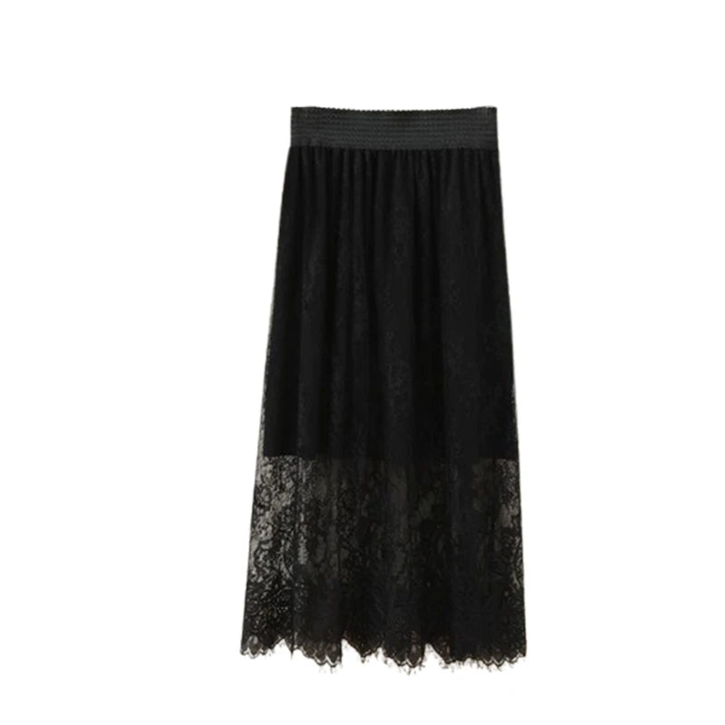 Floral Lace Maxi Skirt with Elastic Waistband and Sheer Mesh Overlay - Perfect for Layering Under Dresses