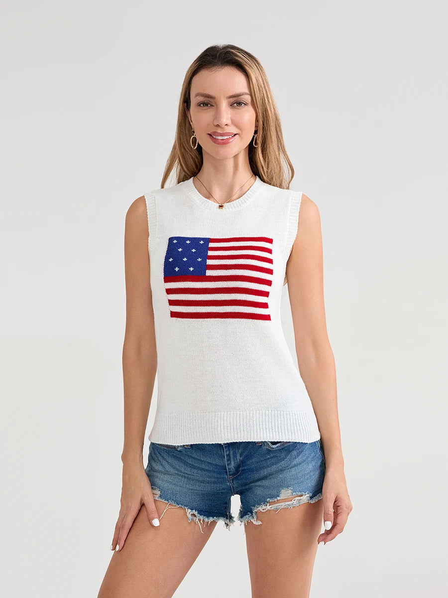 Women s Sleeveless Knit Tank Top with American Flag Print Casual Summer Vest for Daily Wear and Date Nights