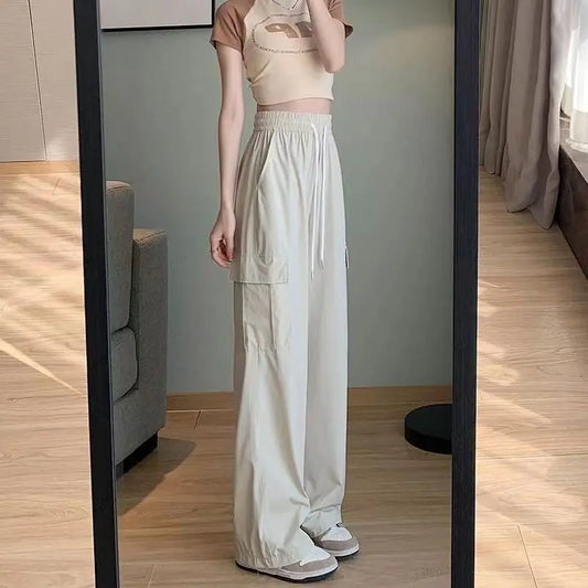 High Waist Pockets Drawstring Elastic Casual Sports Wide Leg  Trousers