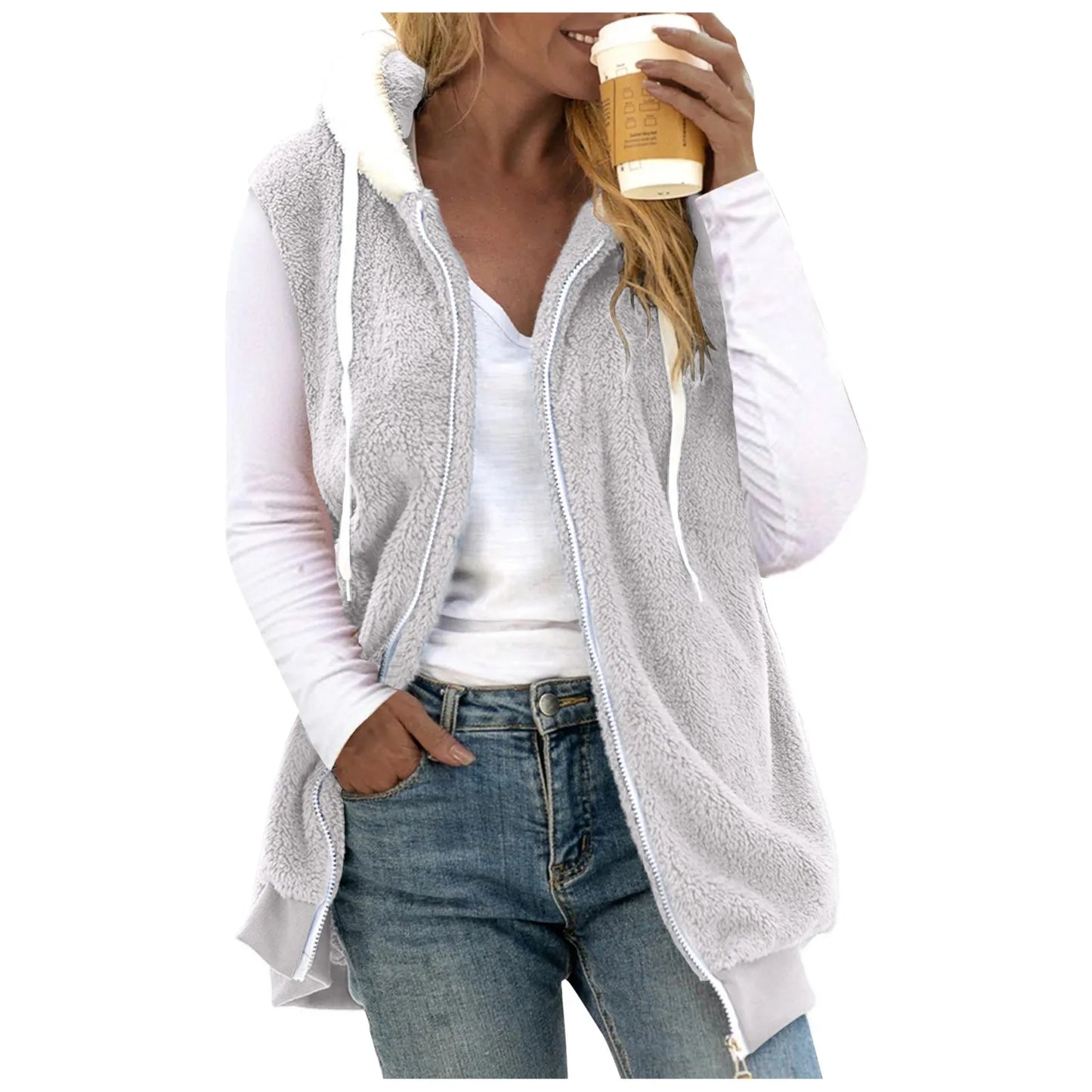 Plus Size Vests Outerwear Women Plush Sleeveless Hooded Vest Jackets Zip-Up Fleece Waistcoat