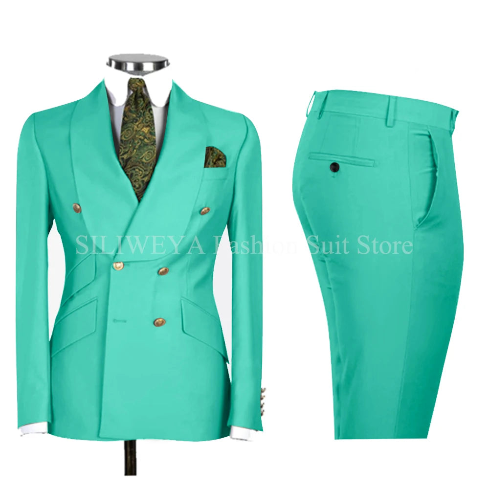Gold Men Business Casual Men's Suits Jacket Pants Set Male Blazer Coat Pants 2PCS Slim Fit Suits