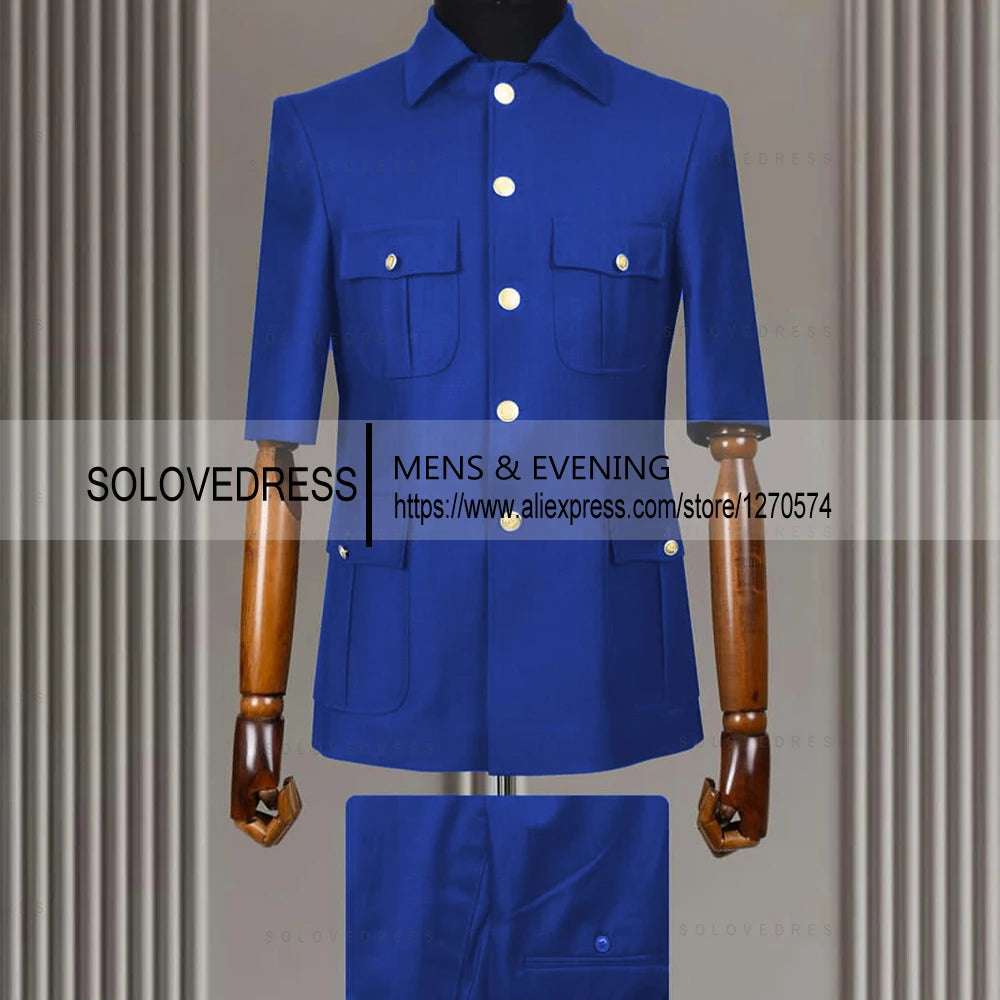 2 Piece Lapel  Short Sleeves with 4 Real Pockets Single Breasted Slim Fit Summer Suits