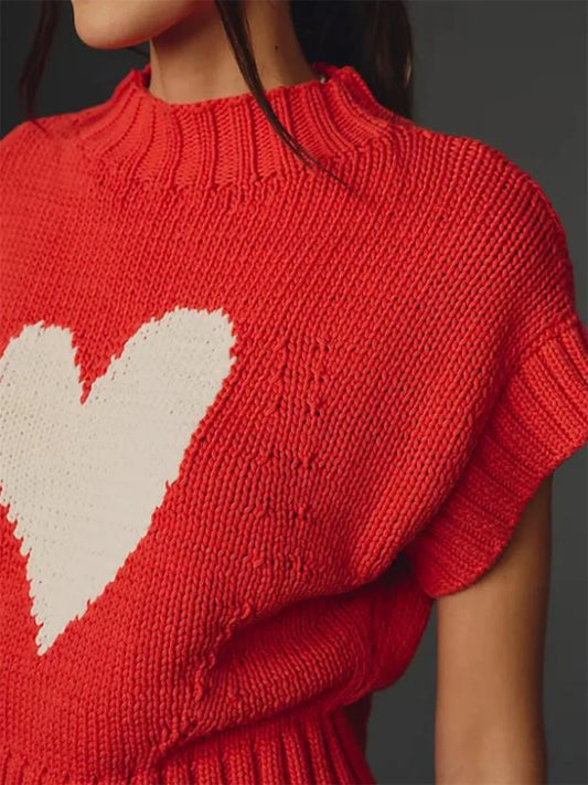 Women s Sleeveless Sweater Vest Heart Patterned O-Neck Knit Top Chic Street Style for Work or Weekend Outings