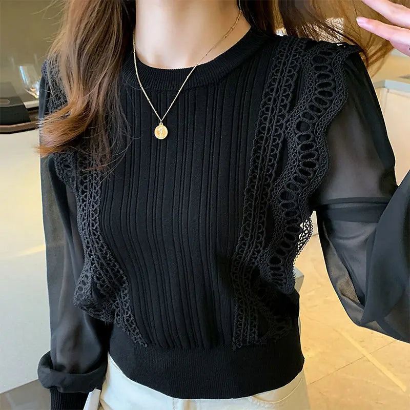 Solid Round Neck Pullover  Bubble Sleeve Loose Chiffon Tops